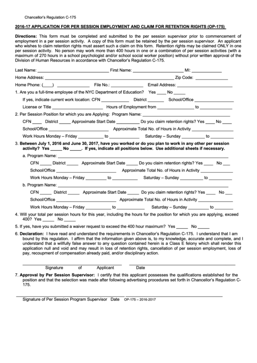 Form Op-175 - Application For Per Session Employment And Claim For Retention Rights - 2016-2017 Printable pdf