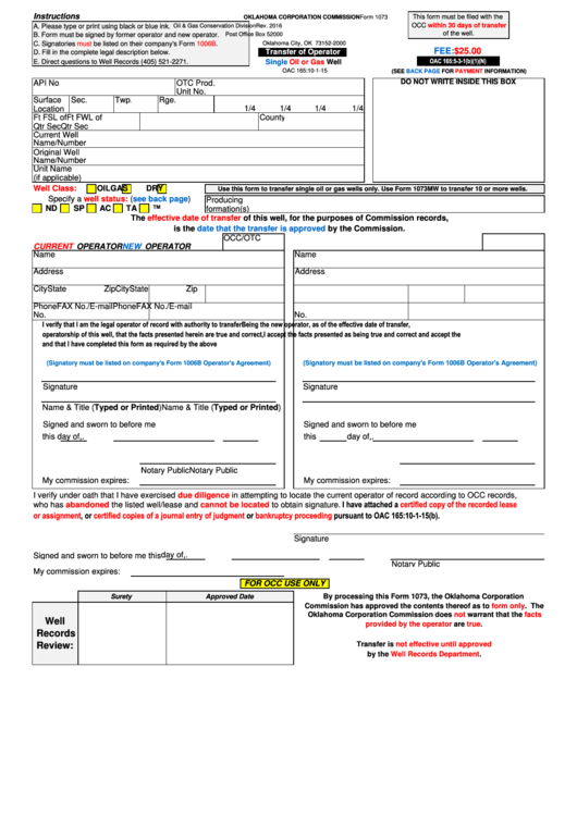 Form 1073 - Transfer Of Operator - Single Oil Or Gas Well Printable pdf