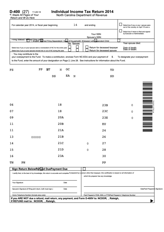 Fillable D-400 - Individual Income Tax Return 2014 Printable pdf