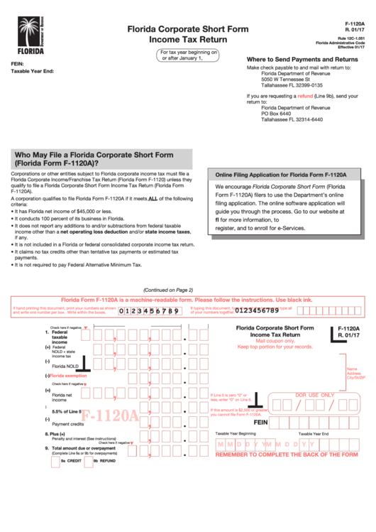 Form F-1120a - Florida Corporate Short Form Income Tax Return Printable pdf