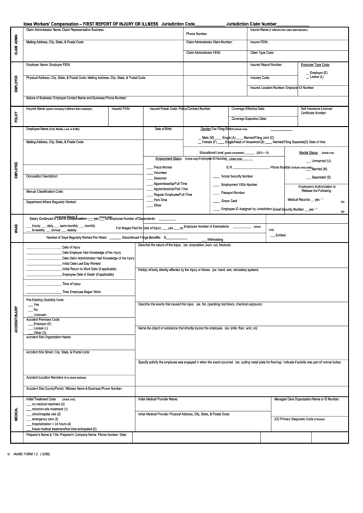Fillable Iaiabc Form 1.2 - First Report Of Injury Or Illness Printable pdf