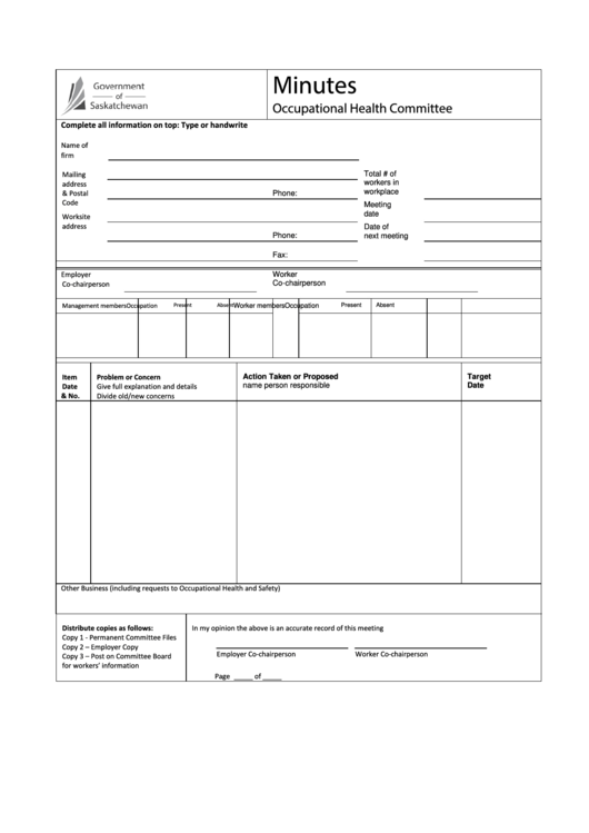 Fillable Occupational Health Committee Minutes Form - Saskatchewan Printable pdf
