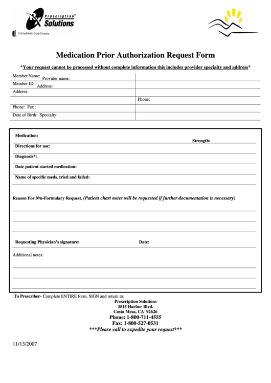 Medication Prior Authorization Request Form Printable pdf