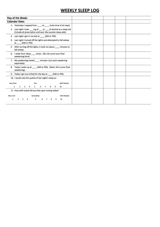 Weekly Sleep Log Printable pdf