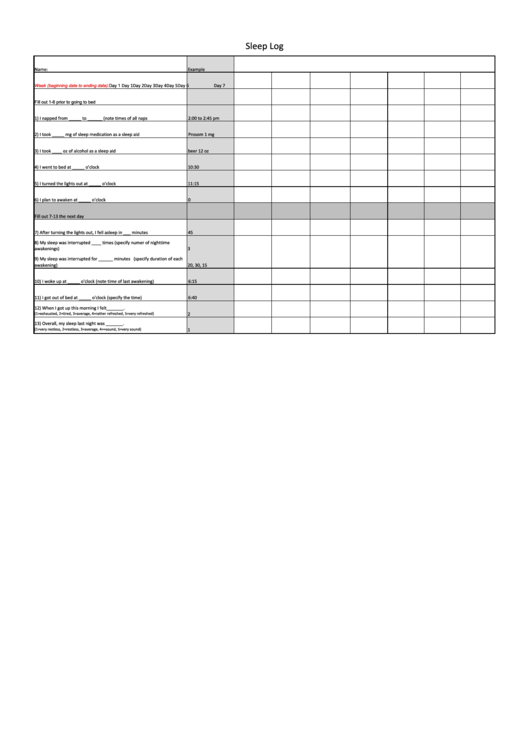 Sleep Log Template Printable pdf