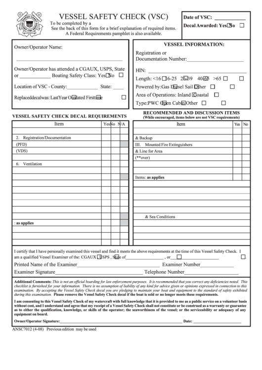 Vessel Safety Check (Vsc) - Us Coast Guard Printable pdf