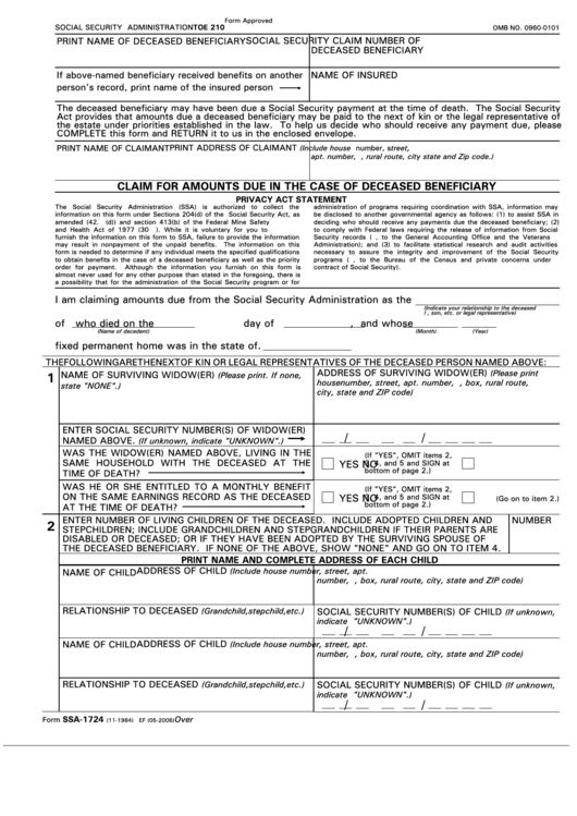 Form Ssa-1724 - Claim For Amounts Due In The Case Of Deceased Beneficiary