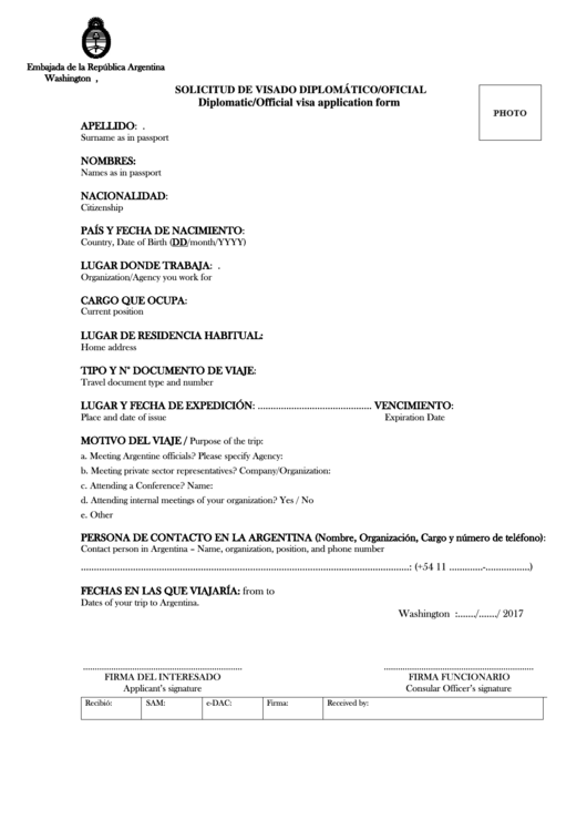 Solicitud De Visado Diplomatico/oficial (Diplomatic/official Visa Application Form) Printable pdf