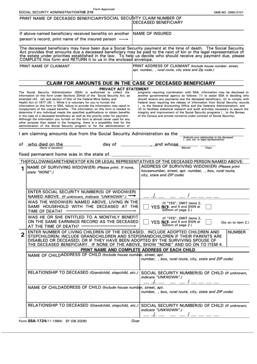Form Ssa-1724 - Claim For Amounts Due In The Case Of Deceased Beneficiary Printable pdf