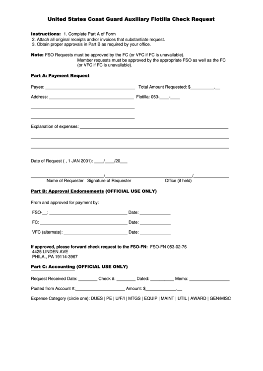 United States Coast Guard Auxiliary Flotilla Check Request Printable pdf