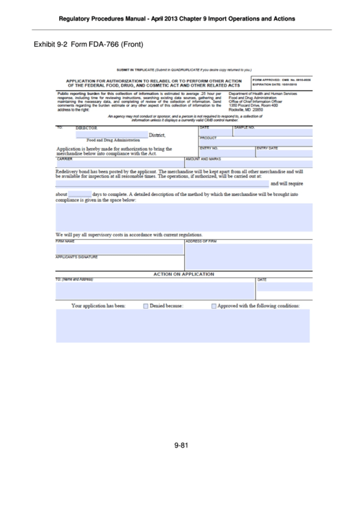 Fillable Exhibit 9-2 Form Fda-766 (Front) - Application For Authorization To Relabel Or To Perform Other Action Of The Federal Food, Drug, And Cosmetic Act And Other Related Acts Printable pdf