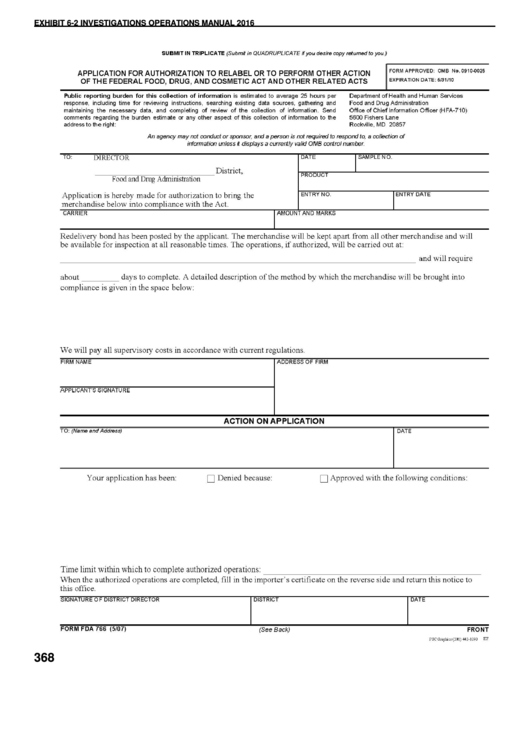 Form Fda 766 - Application For Authorization To Relabel Or To Perform Other Action Of The Federal Food, Drug, And Cosmetic Act And Other Related Acts Printable pdf