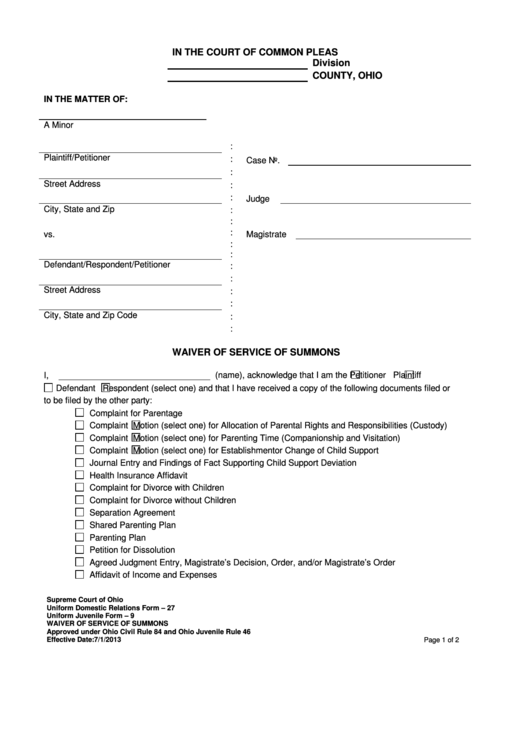 Ohio Waiver Of Service Of Summons - Uniform Domestic Relations Form Printable pdf