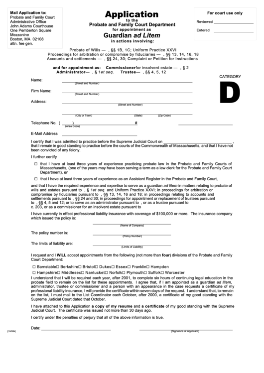 Application To The Probate And Family Court Department For Appointment As Guardian Ad Litem Printable pdf