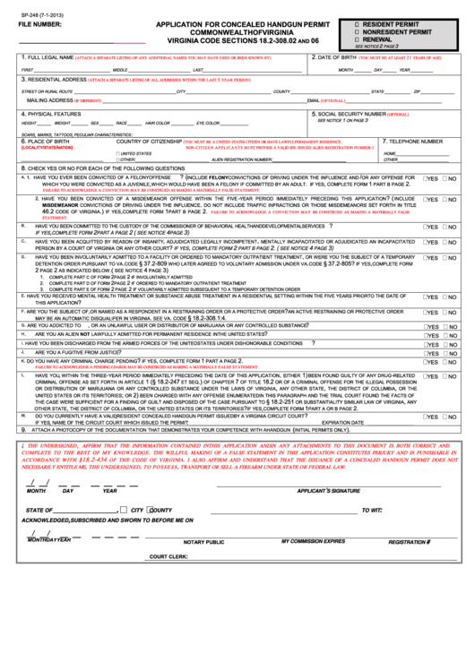 Fillable Sp-248 - Application For Concealed Handgun Permit Commonwealth Of Virginia Printable pdf