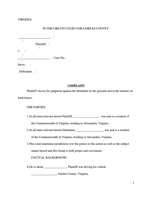 Complaint (Circuit Court For Fairfax County) printable pdf download