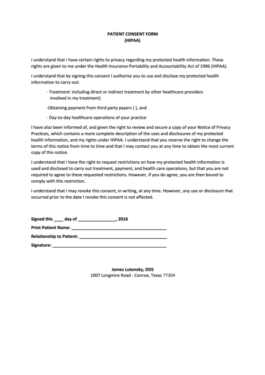 Patient Consent Form (Hipaa) Printable pdf
