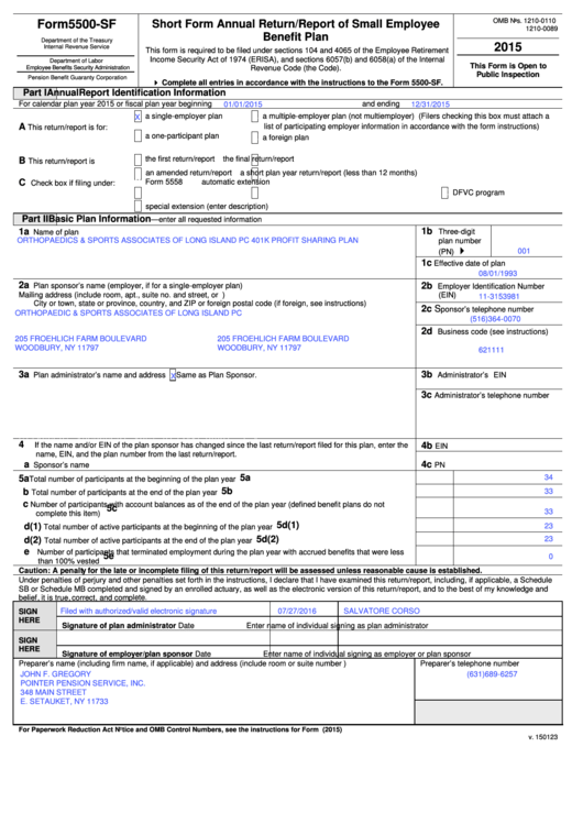 Form 5500-sf - Short Form Annual Return/report Of Small Employee Benefit Plan - 2015