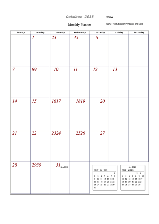 October 2018 - Monthly Planner Template Printable pdf