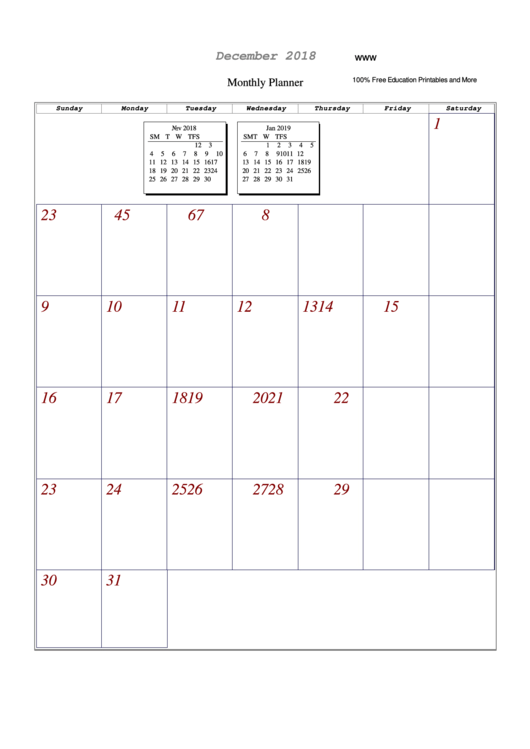 December 2018 - Monthly Planner Template Printable pdf