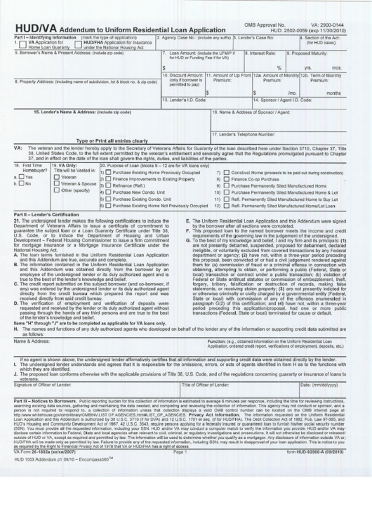 Hud/va Addendum To Uniform Residential Loan Application Printable pdf