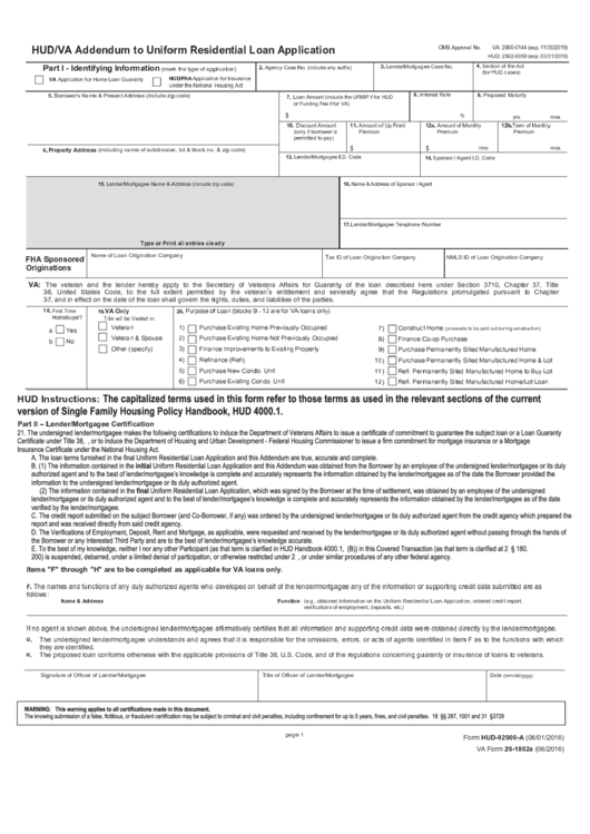 Form Hud-92900-A Va Form 26-1802a Addendum To Uniform Residential Loan Application Printable pdf