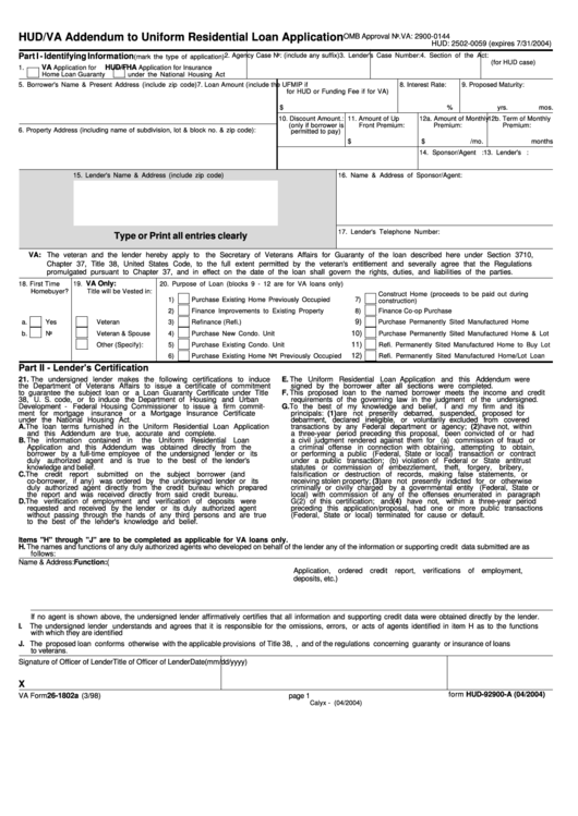 Va Form 26-1802a Hud-92900-A (04/2004) Addendum To Uniform Residential Loan Application Printable pdf