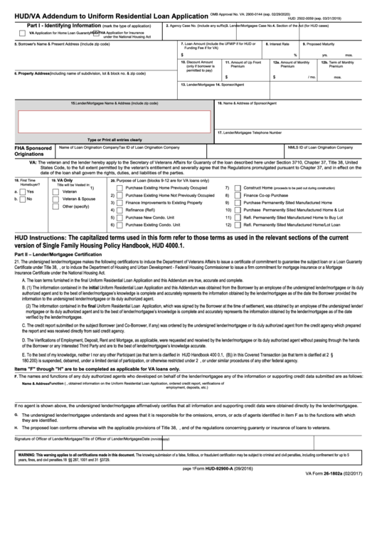 Fillable Va Form 26-1802a - Hud/va Addendum To Uniform Residential Loan - 2017 Printable pdf