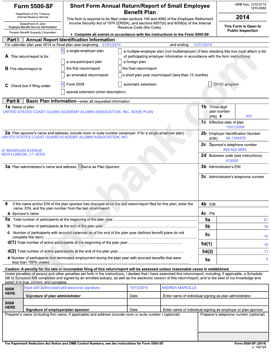 Form 5500-Sf - Short Form Annual Return/report Of Small Employee Benefit Plan - 2014