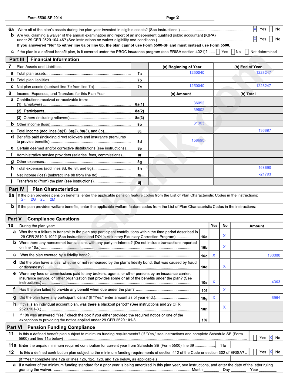 Form 5500-Sf - Short Form Annual Return/report Of Small Employee Benefit Plan - 2014