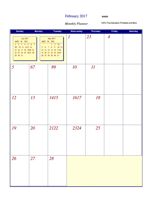 February 2017 - Monthly Planner Printable pdf