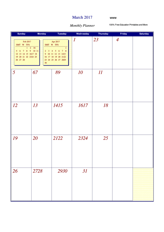 March 2017 - Monthly Planner Printable pdf