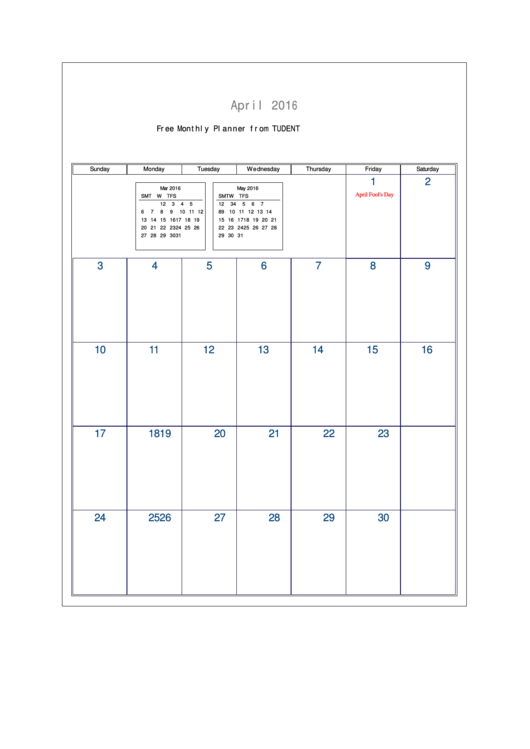 April 2016 - Monthly Planner Printable pdf