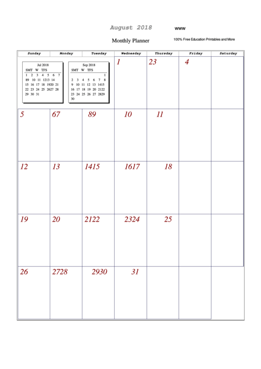 August 2018 Monthly Planner Template Printable pdf