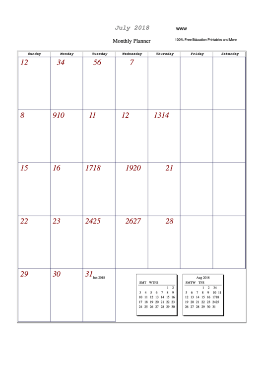 July 2018 Monthly Planner Template Printable pdf