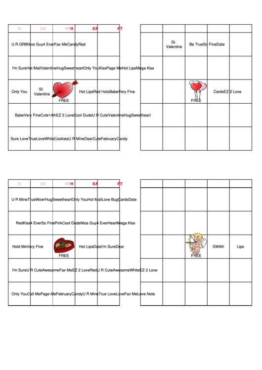 Valentine Bingo Card Template Set Printable pdf