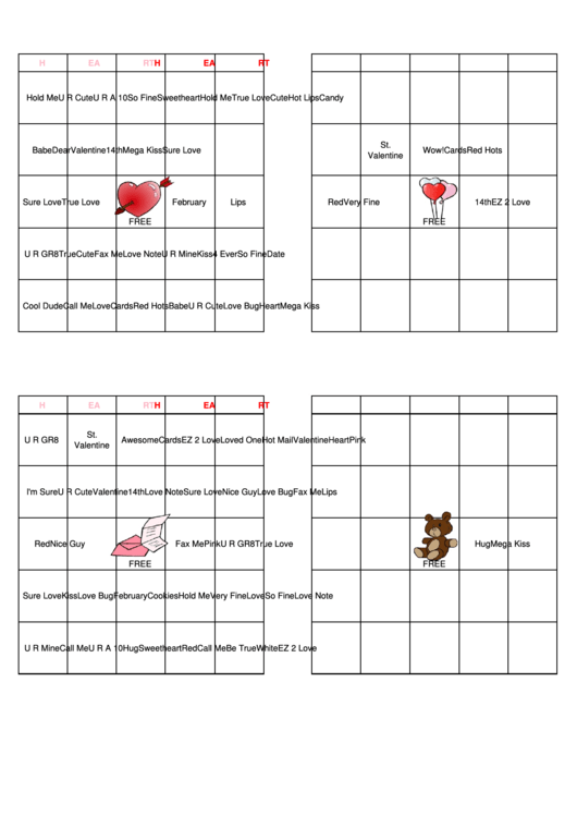 Valentine-Themed Bingo Card Template Printable pdf