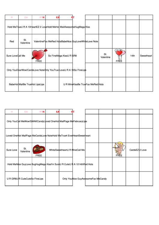 Valentine Bingo Template - 4 Per Page Printable pdf