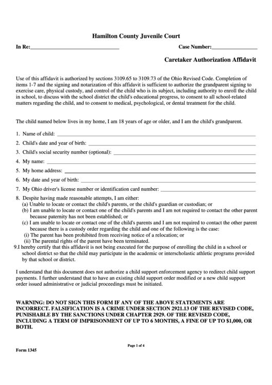 Caretaker Authorization Affidavit Form - Hamilton County Juvenile Court Printable pdf