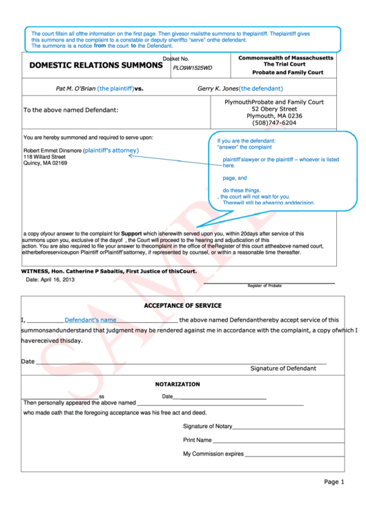 Domestic Relations Summons - Commonwealth Of Massachusetts The Trial Court Printable pdf