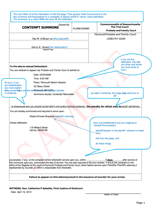 Contempt Summons - Commonwealth Of Massachusetts The Trial Court Printable pdf