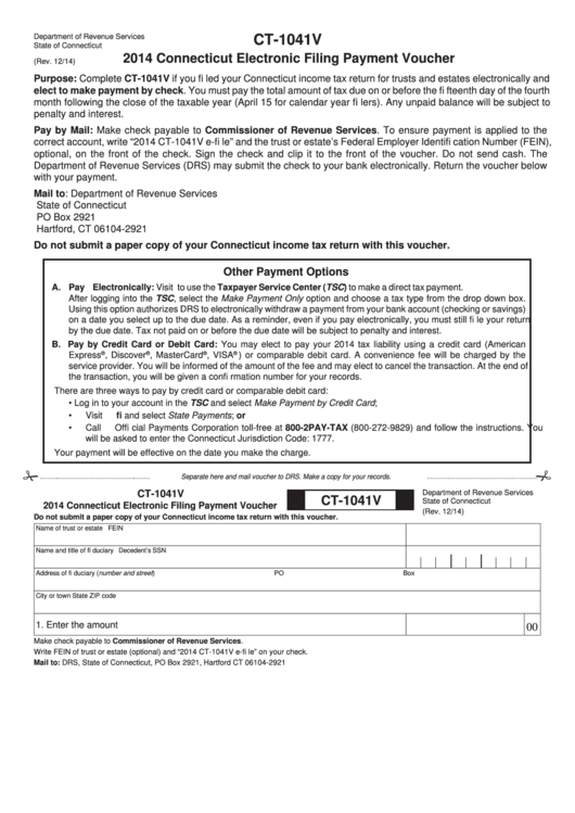 Ct-1041v 2014 - Connecticut Electronic Filing Payment Voucher Printable pdf