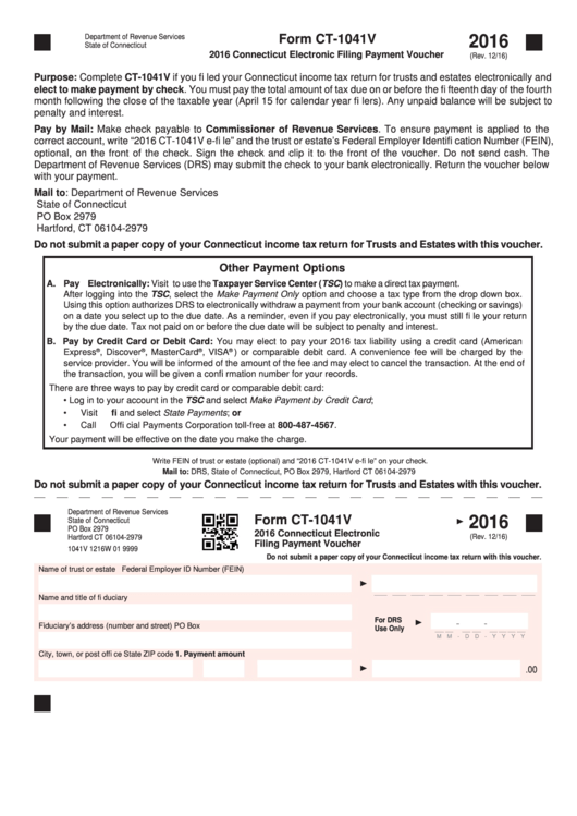 Form Ct-1041v - Connecticut Electronic Filing Payment Voucher - 2016 Printable pdf
