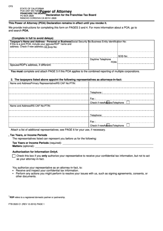 Ftb 3520 C1 - Power Of Attorney - Declaration For The Franchise Tax Board - 2010 Printable pdf