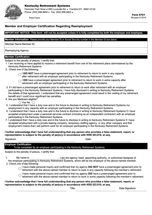 Fillable Form 6751 - Member And Employer Certification Regarding Reemployment Printable pdf