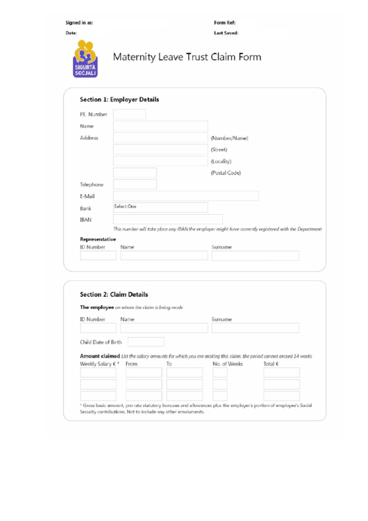 Maternity Leave Trust Claim Form Printable pdf