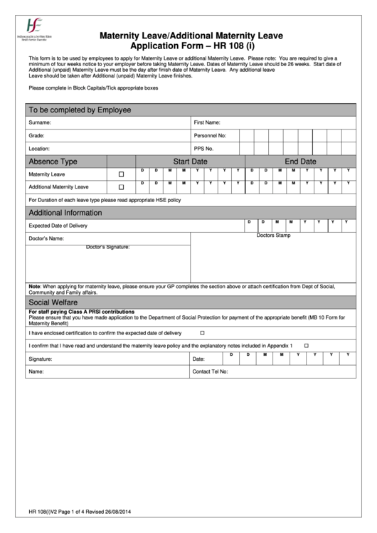 Maternity Leave/additional Maternity Leave Application Form - Hr 108 (I) Printable pdf