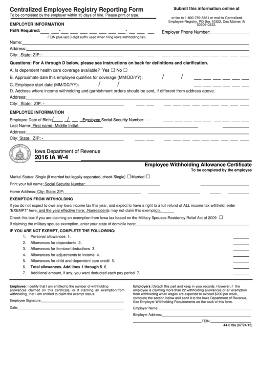 Form Ia W-4 - Employee Withholding Allowance Certificate - 2016 Printable pdf