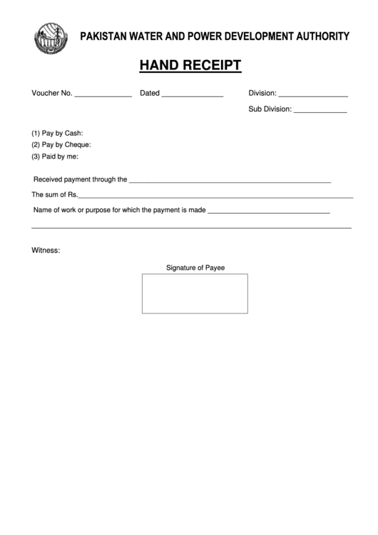 Hand Receipt Template - Pakistan Water And Power Development Authority Printable pdf