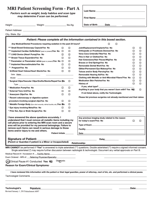 2015 Mri Patient Screening Form Printable pdf
